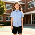 thumbnail image 3 of dazeni Girls School Uniform Cotton Tops Peter Pan Button Down Shirts Pleates Short Sleeve Blouse Tee for Teen Light Blue Size 4-5 Years, 3 of 5