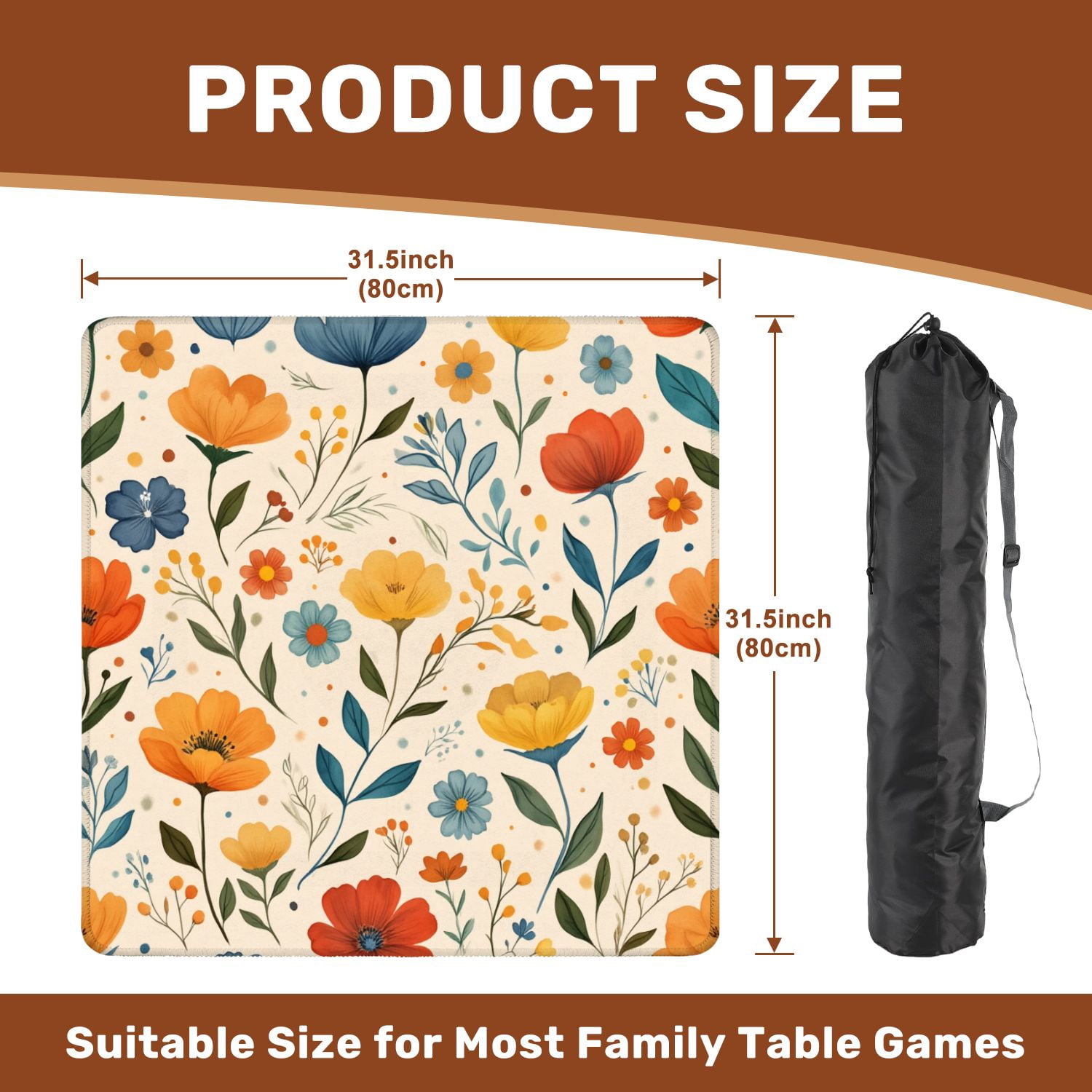 Mahjong Mat 31.5" x 31.5" Seamless Floral Colorful Hand Drawn Flowers Leaves Beige Non-Slip Noise Reduction American Mahjong Tiles Table Cover for Dominoes Poker Card Board Games Gift