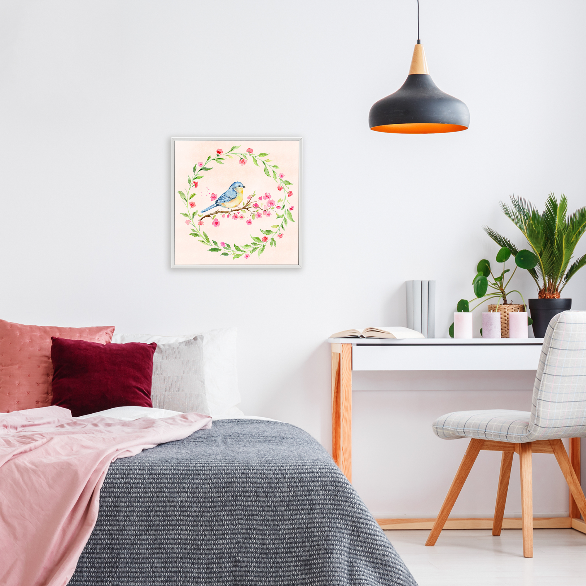 Spring Bird Wreath Perch White Framed Giclee Art, design by Elena Fay