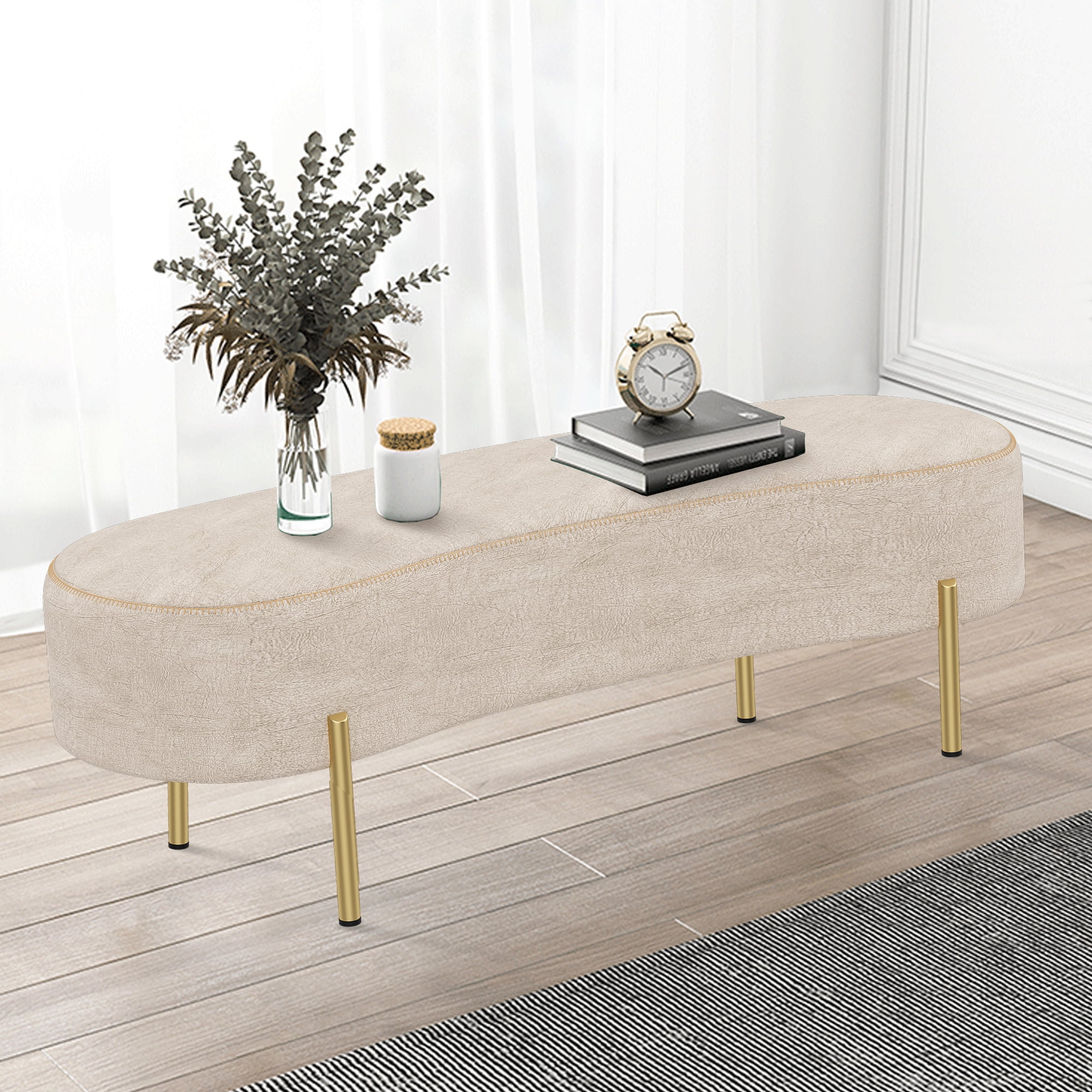Andeworld Upholstered Ottoman Bench for Seat Gold Bench Bedroom Indoor Living with Legs,Sitting Bench Benches(Beige) Room