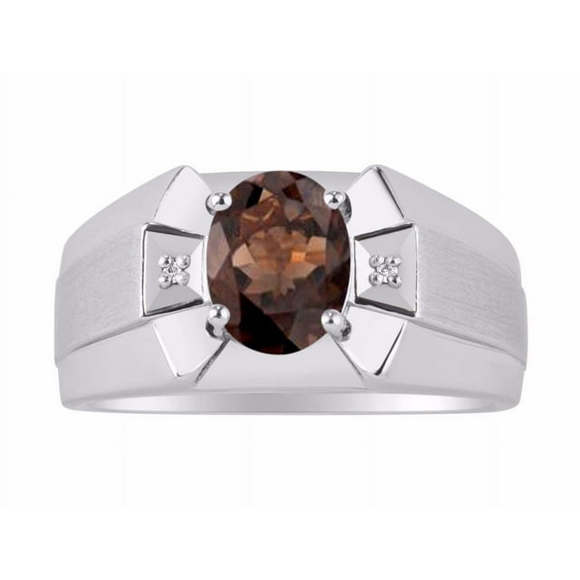 RYLOS Men's Rings 14K White Gold Rings Classic Designer 9X7MM Oval Gemstone & Diamond Ring Smoky Quartz June Birthstone Ring Size 8