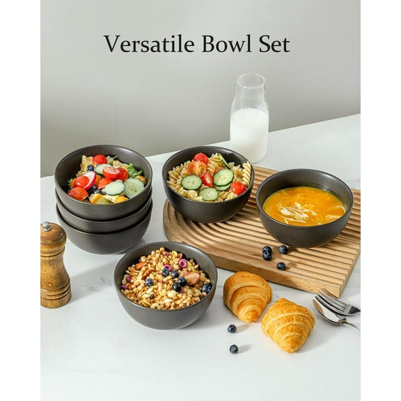 Stoneware Soup Bowls, 24 oz Cereal Bowls Set of 6 for Kitchen, Ceramic Bowls Set for Oatmeal, Dessert, Noodle, Cute Bowls Set for Gift, Dishwasher Microwave Oven Safe, Matte Black