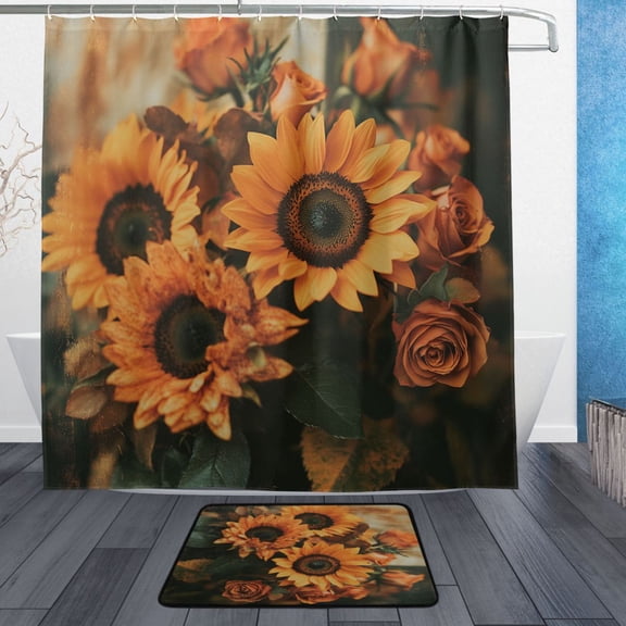 BZSMCE Shower Curtain and Bath Accessory Set,Golden Blossom Ensemble Pattern