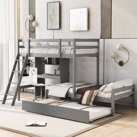 Twin over Twin Bunk Bed with Convertible Built-in Desk and Down Bed Trundle and Ladder Gray