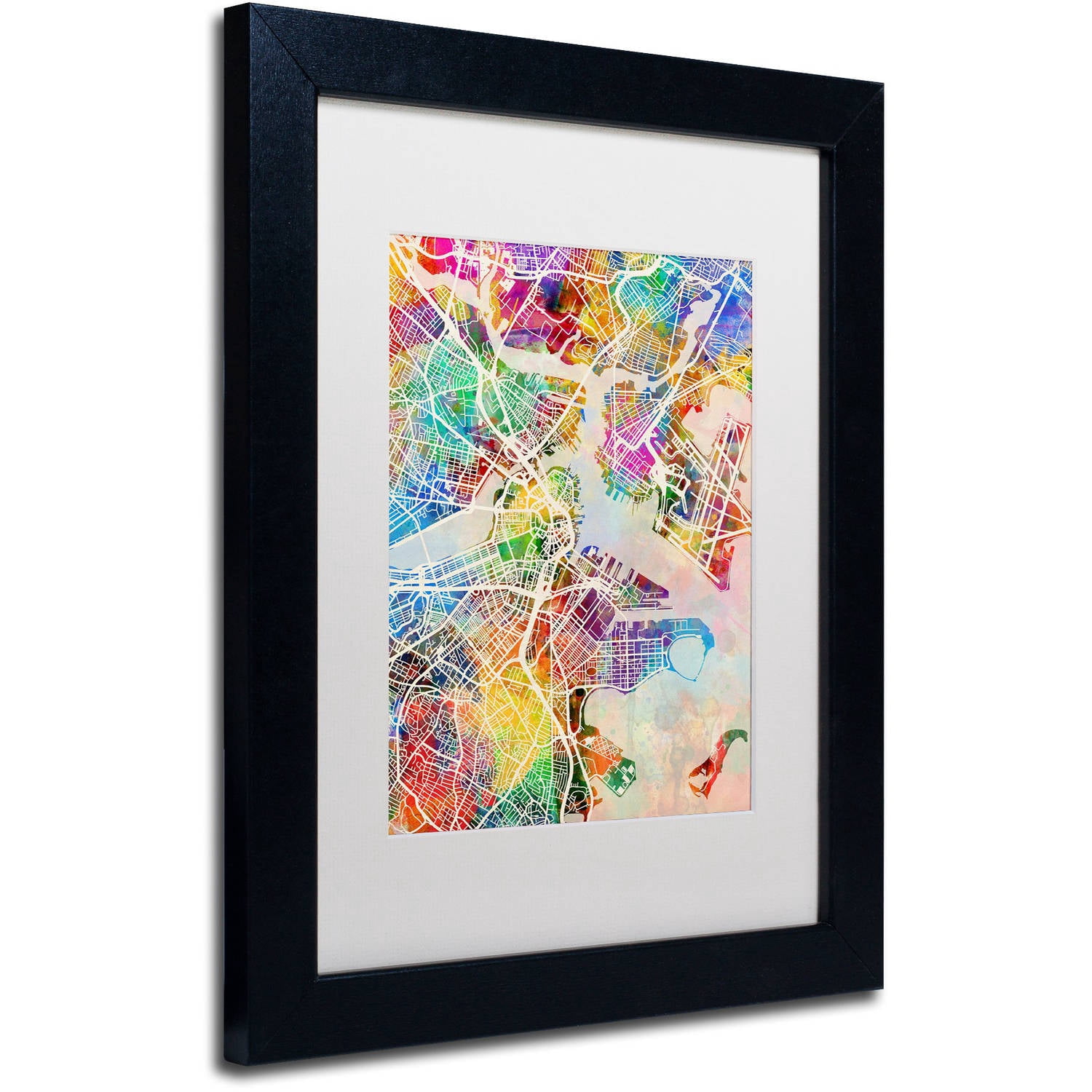Trademark Fine Art "Boston MA Street Map" Canvas Art by Michael Tompsett, White Matte, Black Frame