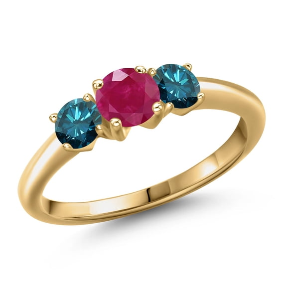 Gem Stone King 18K Yellow Gold Plated Silver Red Ruby and Blue Diamond Engagement Ring for Women | 1.09 Cttw | Round 5MM | Gemstone July Birthstone | Size 6