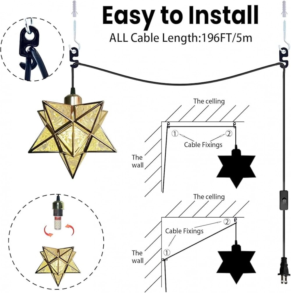 Gold Farmhouse Pendant Lights Kitchen Island,Indoor Plug in Hanging Light Fixture with 16.5ft Cord and Switch,Moravian Star Lights for Bedroom Hallway Porch Etc(LED Bulb Include)