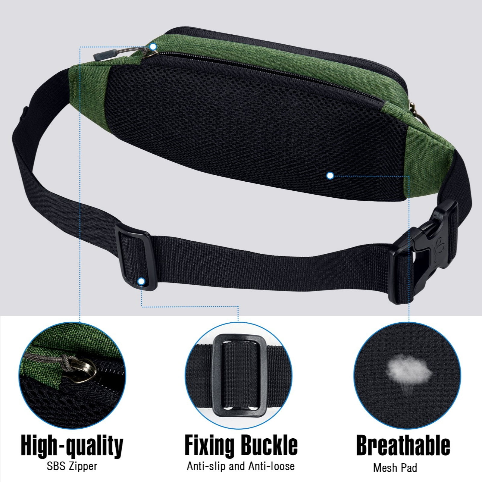 WATERFLY Unisex Lightweight Running Hiking Jogging Nylon Fanny Pack Waist Bag-Army Green