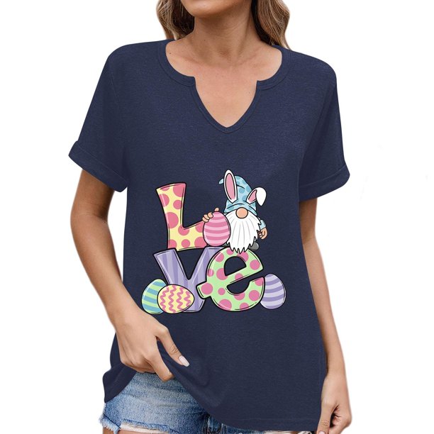 Corto para las Mujeres Casual Verano 2025 Pascua Impresión V-Cuello Camiseta, Ligero 95% Poliéster 5% Spandex Top para Toda la Temporada Hogar Y Diario