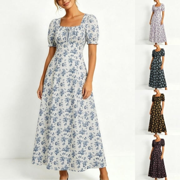 Bxsruta Womens Summer Maxi Dress Floral Square Neck Short Puff Sleeve Flowy Casual Pleated Dresses