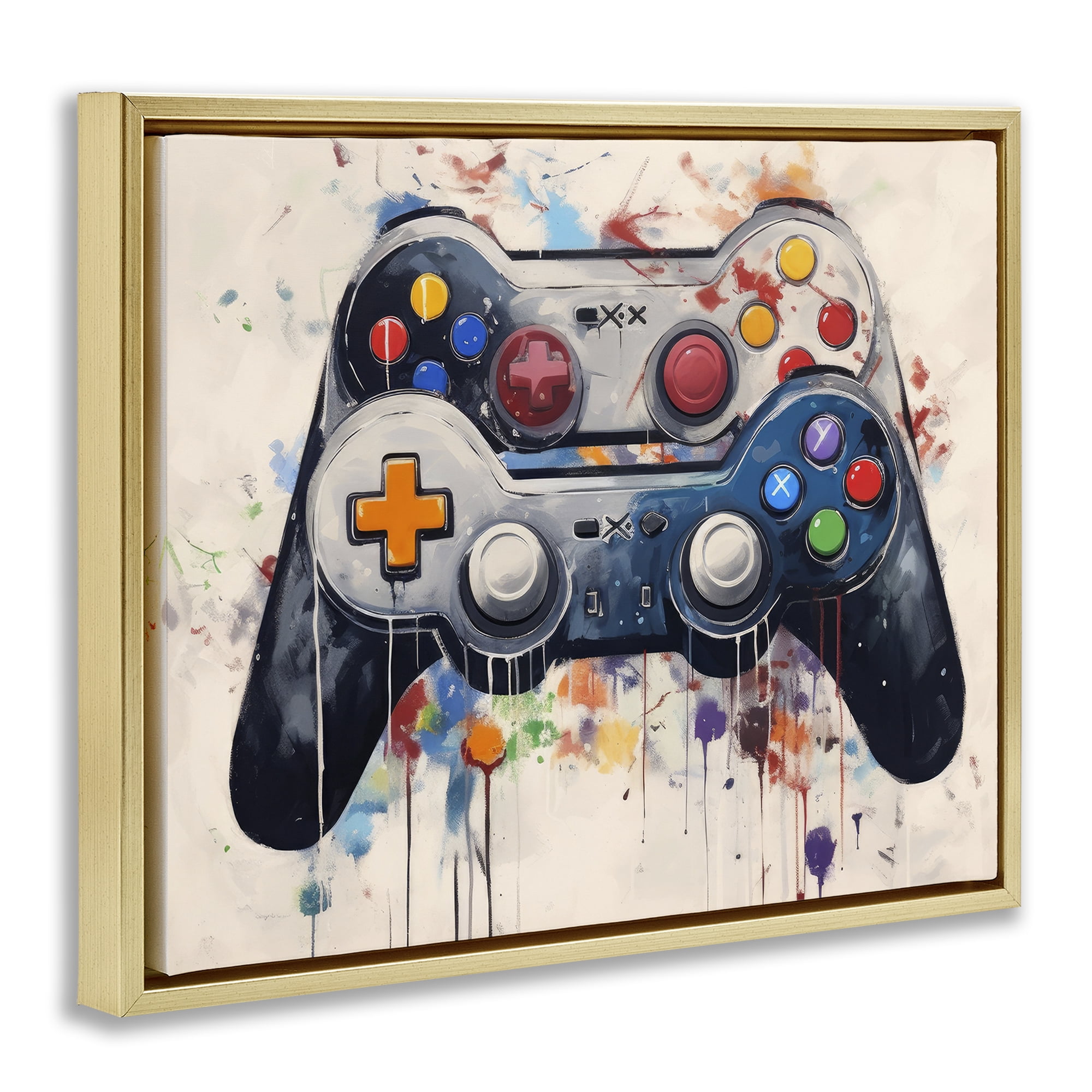 Stupell Industries Joystick Journeys Controller Duo Gold Framed Floater Canvas Wall Art, design by Lazar Studio
