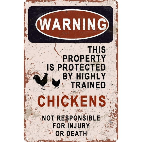 Warning This Property is Protected by a Highly Trained Chicken Tin Sign Brinks Security Signs Beware Of Yard Sign 8×12 Inch