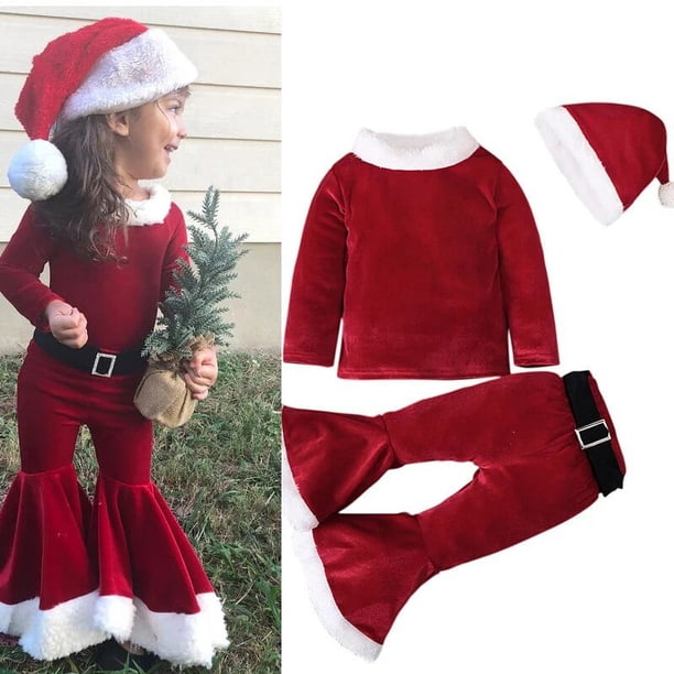 Cosplay de Navidad para niñas, traje de terciopelo con parte inferior de campana roja de manga larga de Papá Noel, disfraz para fiesta de Carnaval para niños, Top + pantalón + gorro