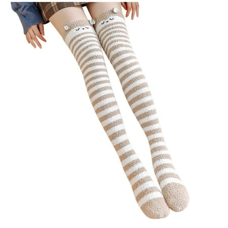 

Compression Socks For Women Thigh High Womwn Coral Over The Knee Thicken Warm Sleeping Towel Striped Socks