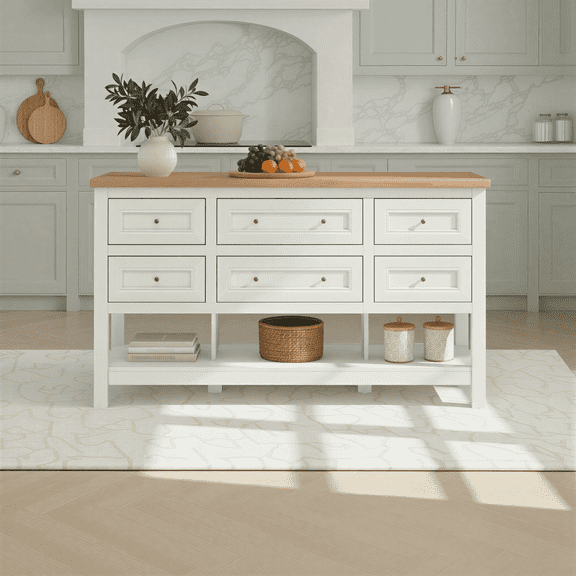 Walker Edison Modern Free-Standing Kitchen Island with 6 Drawers, White