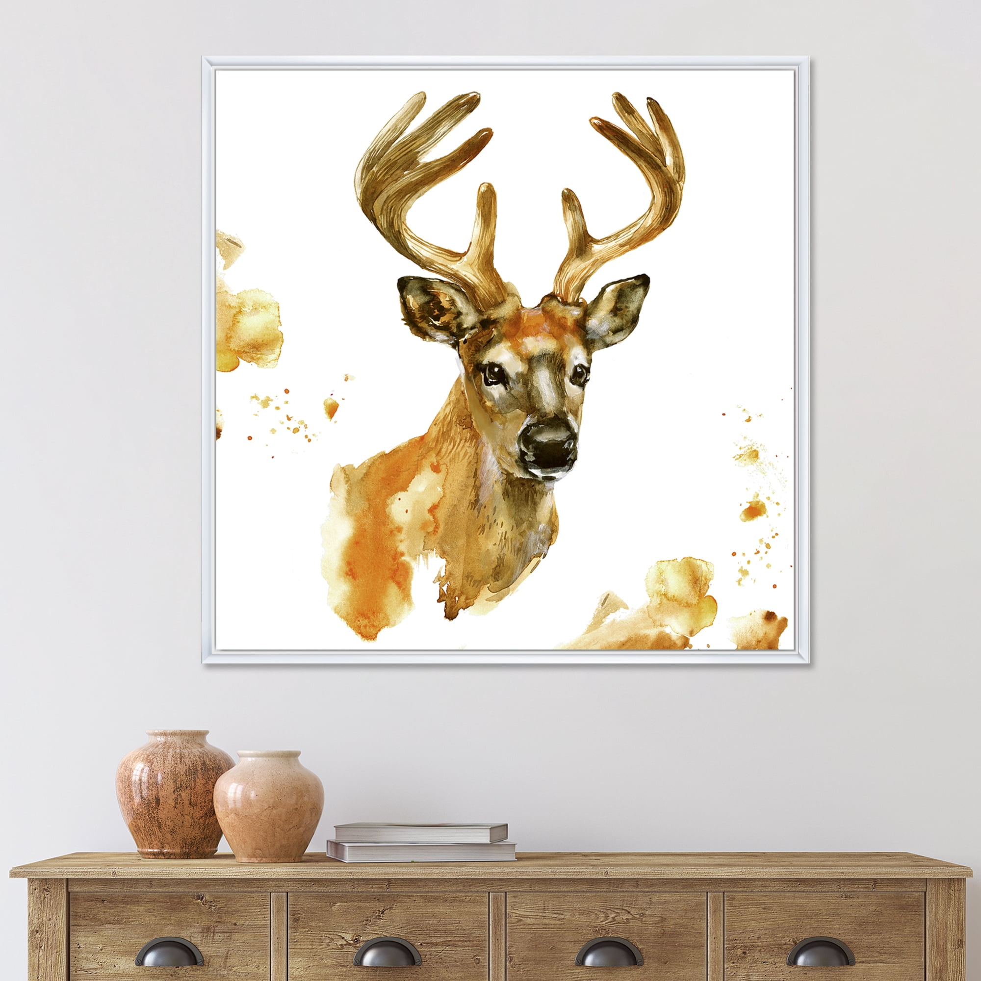 Designart 'Abstract Portrait Of Deer With Big Horns' Farmhouse Framed Canvas Wall Art Print