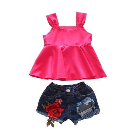 

Summer Toddler Baby Girls Sleeveless Solid Tops + Rose Denim Shorts Outfit