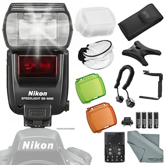 Nikon SB-5000 AF Speedlight with Heavy Duty Off-Camera Flash Cords, 180 Degree Quick Flip Rotating Flash Bracket   Deluxe Accessory Bundle and FiberTique Cleaning Cloth