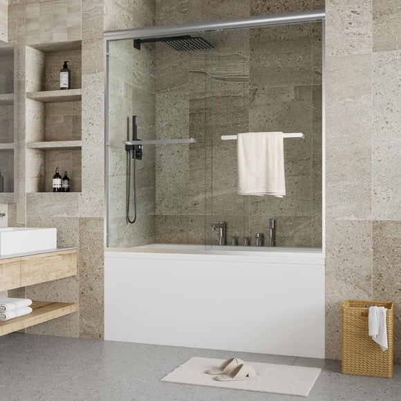 Bingirl Bathtub Shower Door 55 to 59 Inch W and 60Inch H Double Sliding Shower Door Semi Frameless 6mm Clear Glass Shower Enclosure Doors for Bathroom Stainless Steel Handle Brushed Nickel