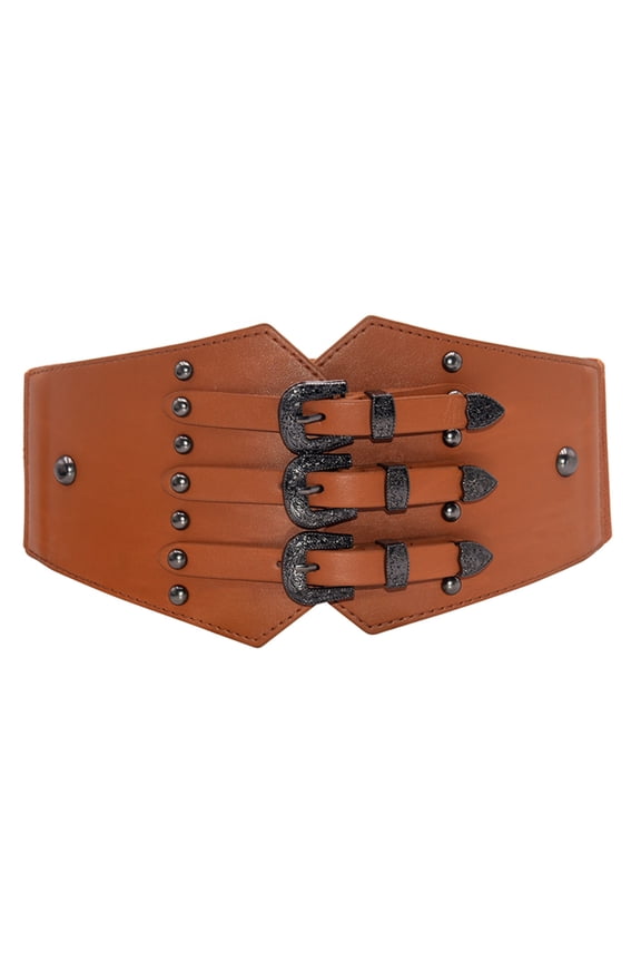 Women's Retro Wide Elastic Waist Belt with Triple Buckles Stretchy Corset-Style Sash for Dresses Coat Brown One Size