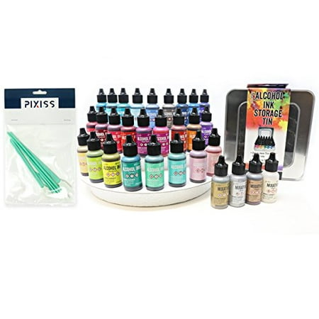 Ink Blending Tool - 26x Tim Holtz Alcohol Ink .5oz Bottles (Assorted Colors), 4x Tim Holtz Alcohol Ink Metallic Mixatives (Gold, Silver, Copper, Snow Cap), Tim Holtz Alcohol Ink Storage Tin, 8x Pixiss Ink Blending Tools