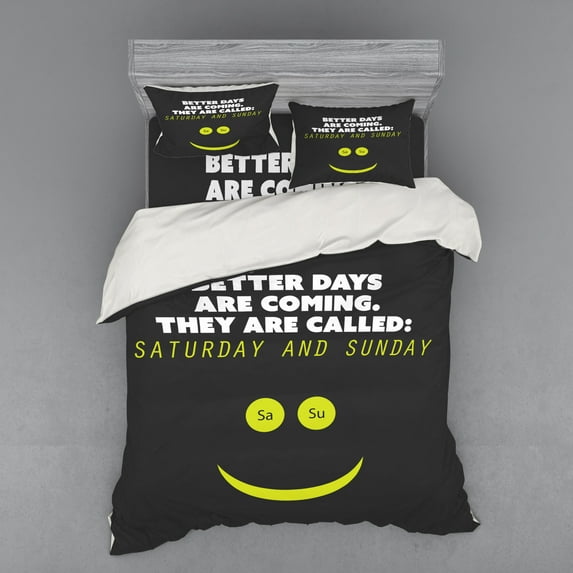 Funny Duvet Cover Set, Humorous Words About Weekend Saturday and Sunday Fun Smile Face, Bedding Set with Shams and Fitted Sheet, 3 Sizes, by Ambesonne