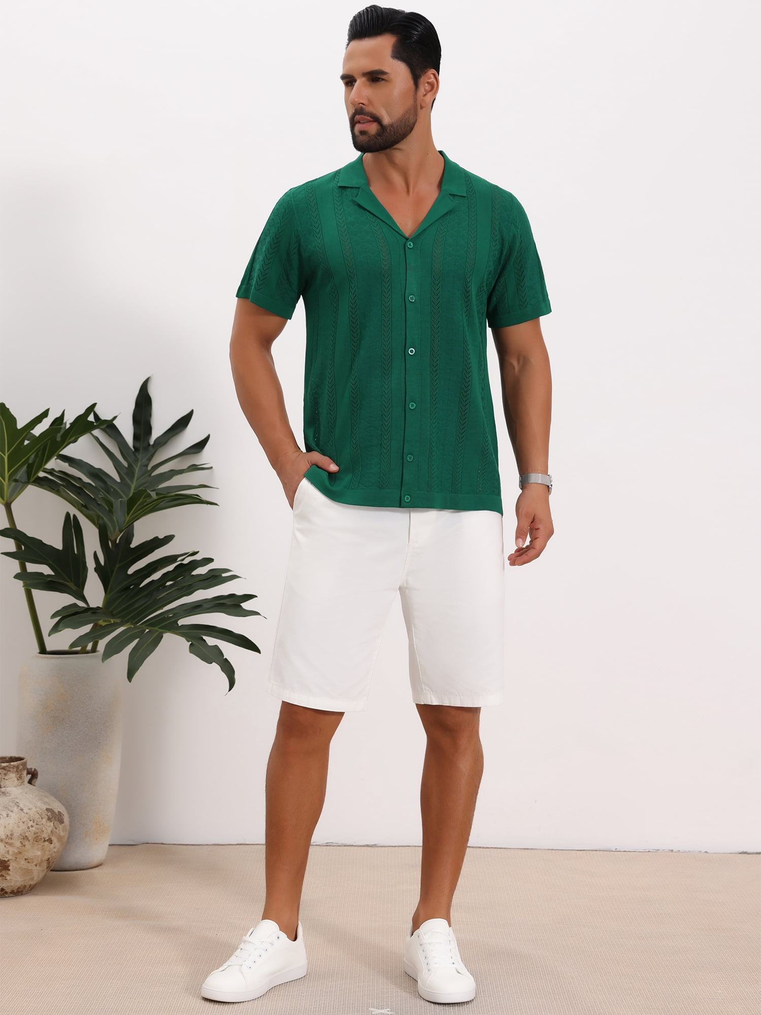DARING DIVA Men's Hollow Knitted Shirt Short Sleeve Button Down Striped Shirts M Green