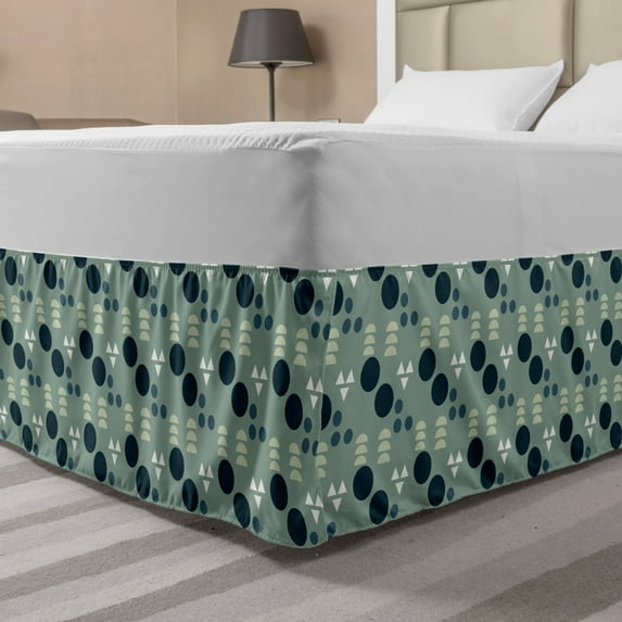 Geometric Bed Skirt, Pattern of Circles and Triangles, Elastic Bedskirt Dust Ruffle Wrap Around for Bedding Decor, 4 Sizes, Pale Green Dark Teal, by Ambesonne