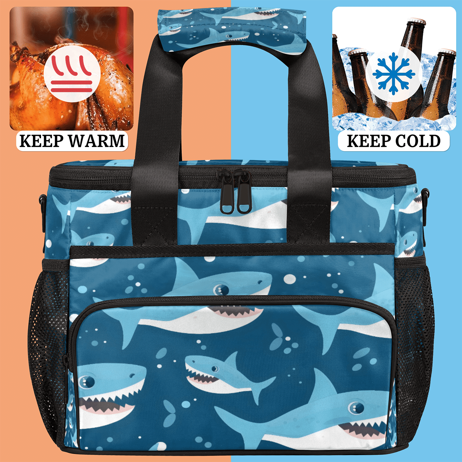 Herdesigns Shark Ocean Themed Large Lunch Box for Adults Women Men with Adjustable Shoulder Strap, Insulated Reusable Lunch Bag Leakproof Cooler Tote Bag