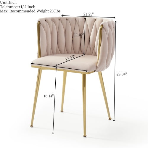 Set of 2 Modern Velvet Dining Chairs with Woven Backrest & Golden Metal Legs – Upholstered Accent Chairs for Dining Room, Kitchen, Living Room, Bedroom, Vanity, Beige