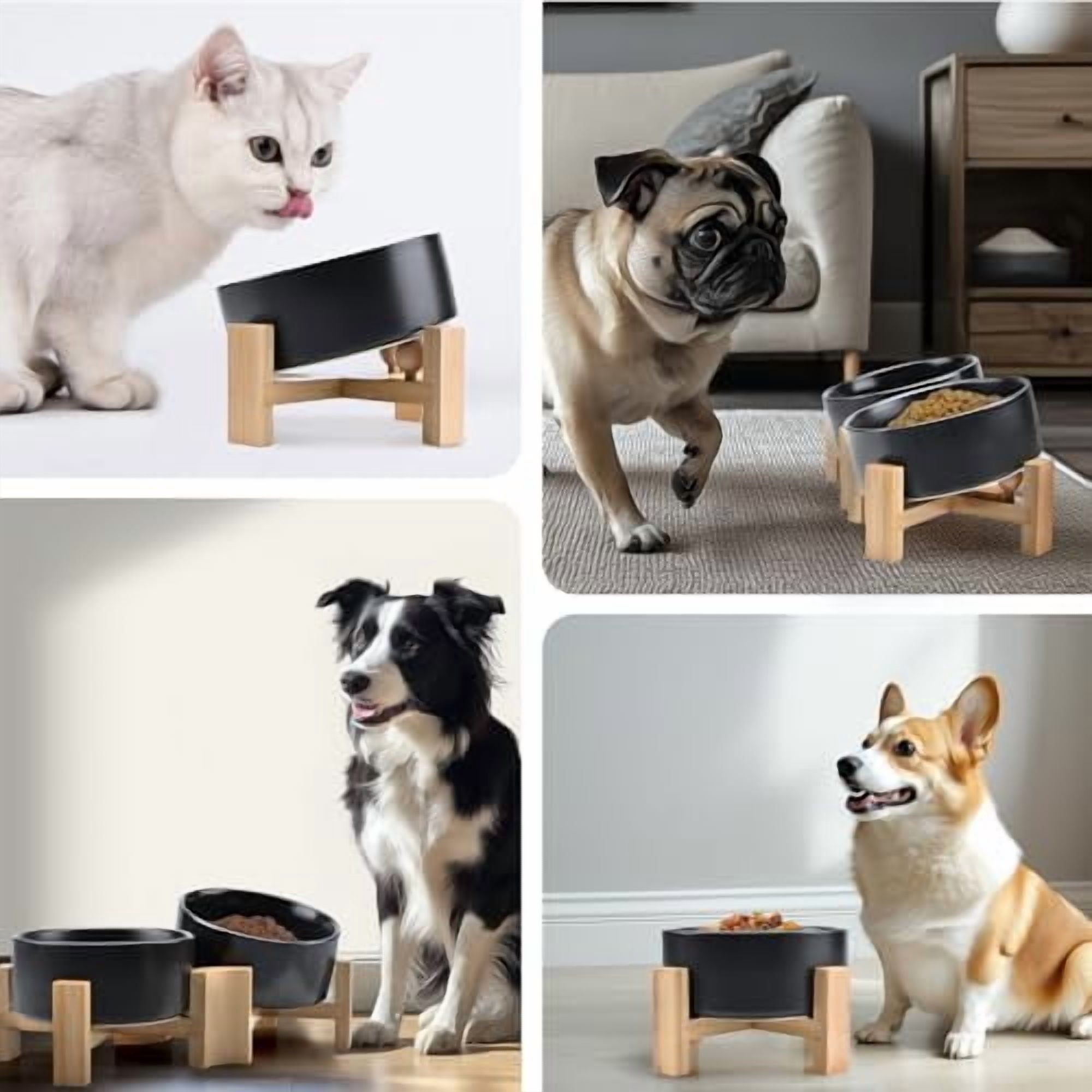 15° Slanted Ceramic Dog and Cat Bowl with Wooden Stand, Tilted Bulldog Food and Water Bowl No Slip Non-Spill for Cats Medium Dogs Big Face Pets 28.7 OZ (3.6 Cups, Black × 2)