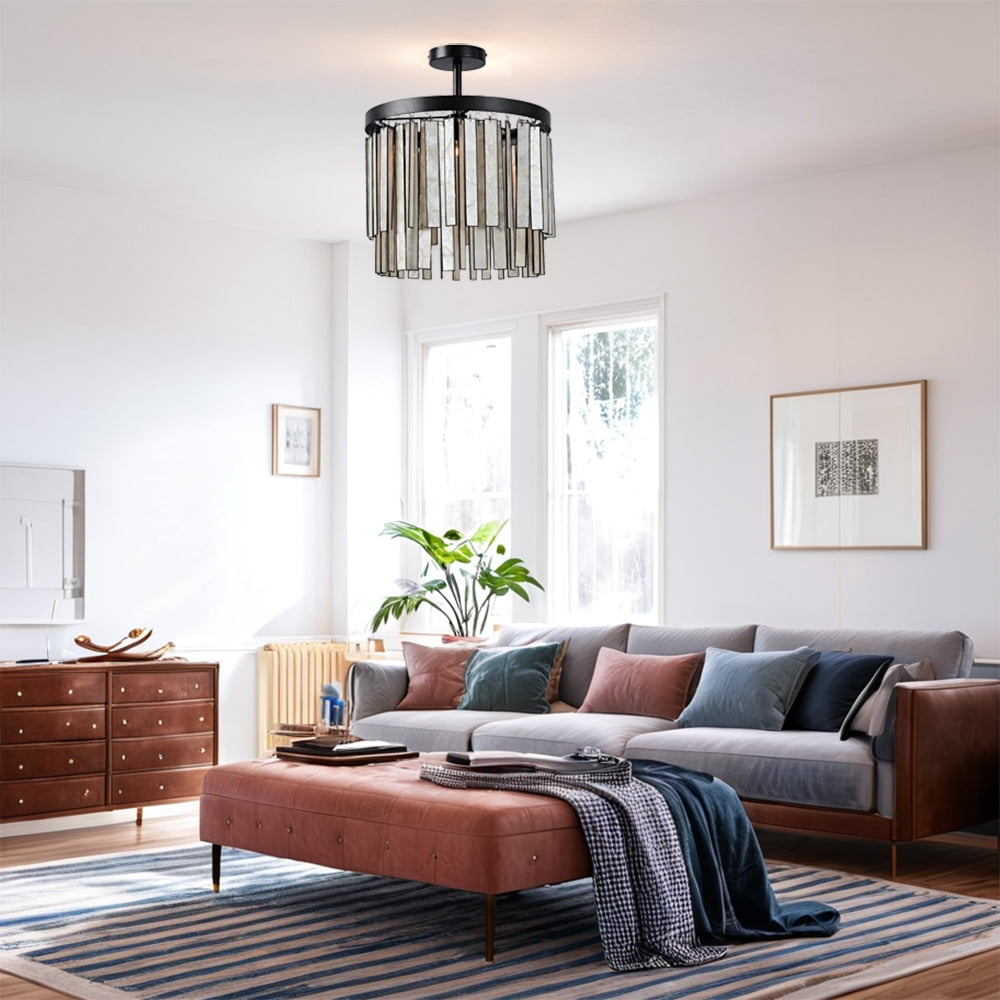 Natural Coastal Ceiling Light , Indoor Flush Mount with Round Bronze Capiz Tile, Hand-polished Light Fixture, Close to Ceiling Light for Bedroom, Entryway, Living Room