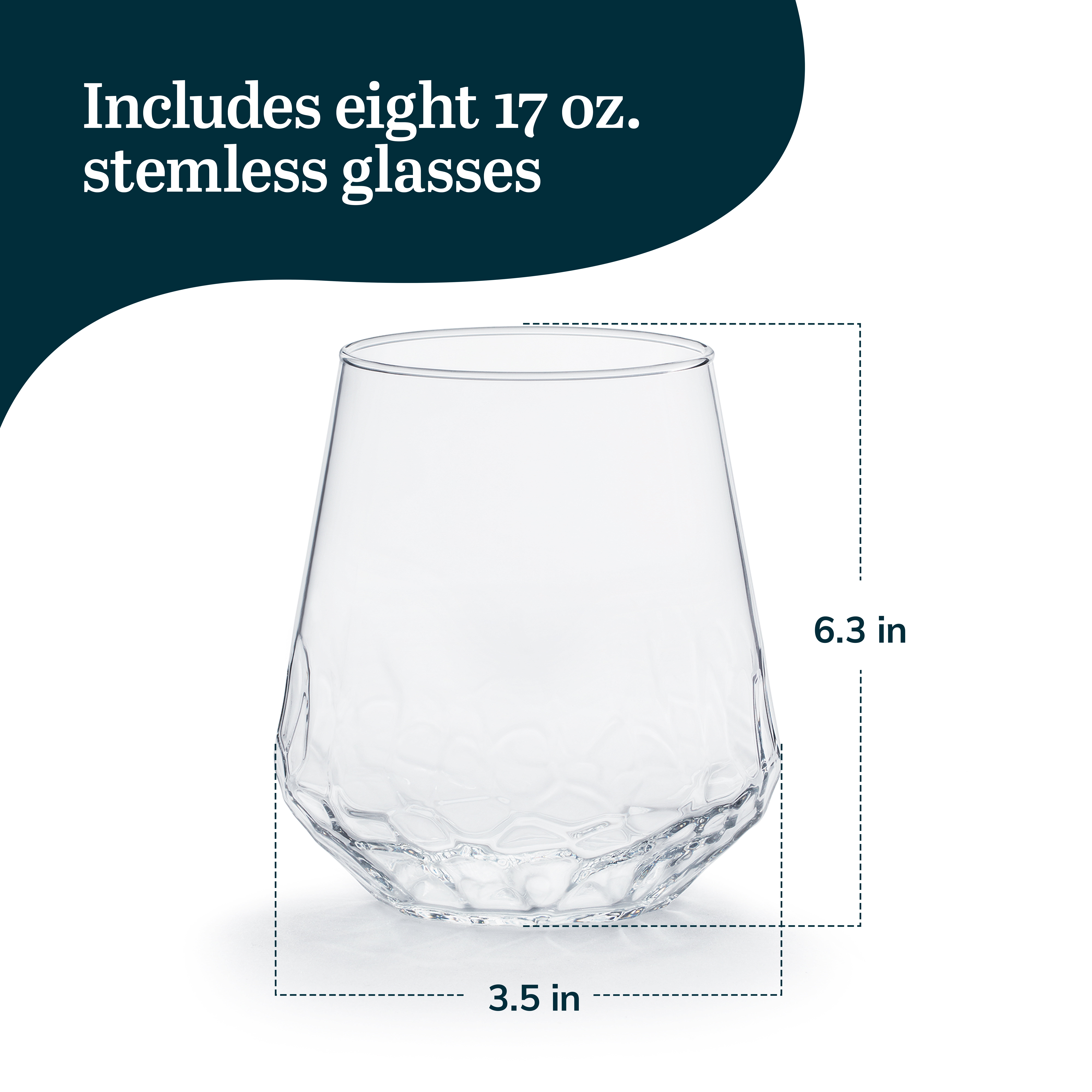 Libbey Hammered Stemless Wine Glasses Set of 8, 17.75-ounce, Dishwasher-Safe, Chiseled Textured Glassware Set, All Purpose Wine Glasses for Everyday Use