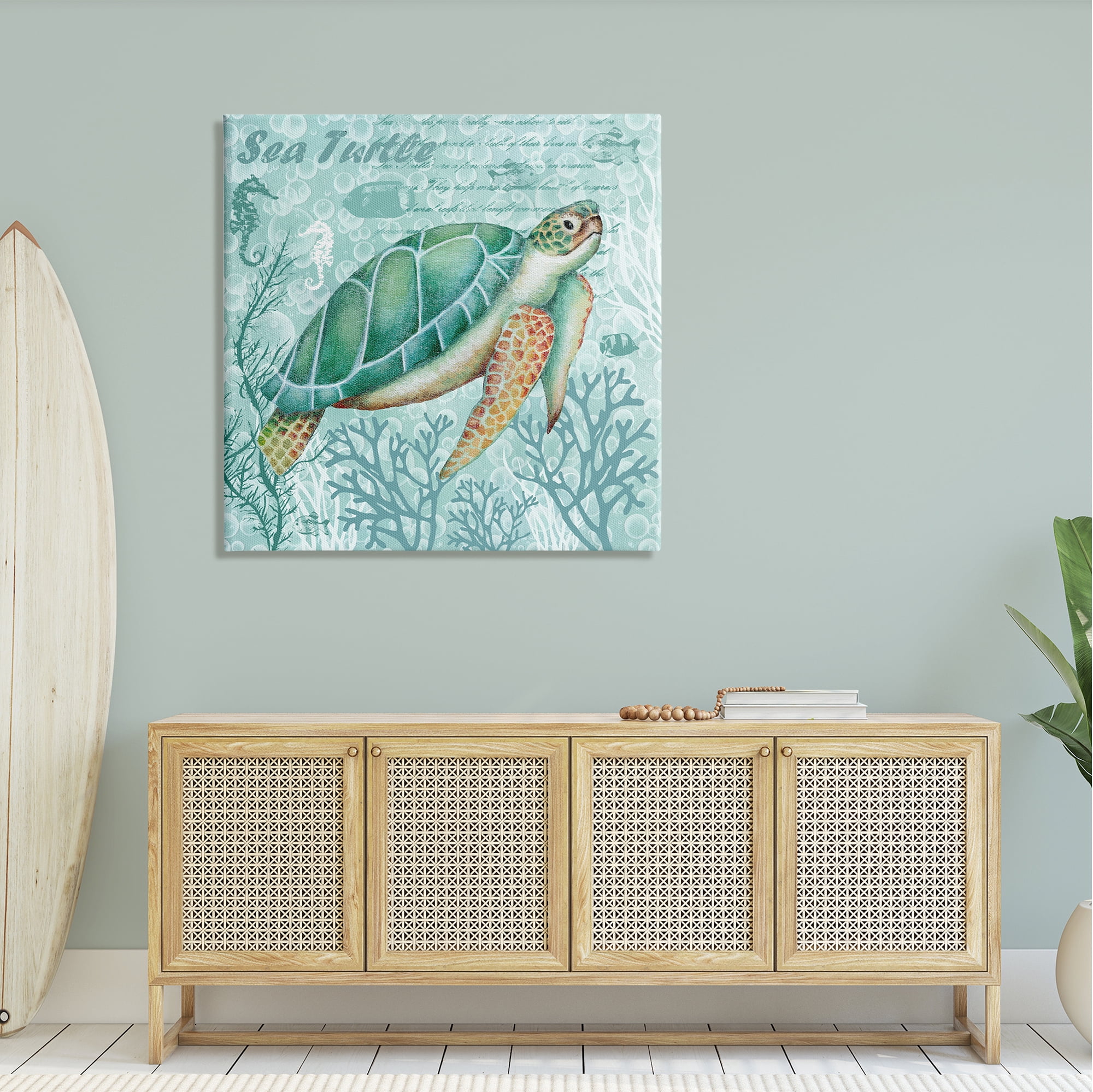 Stupell Industries Sea Turtle Detailed Coral Silhouettes Fancy Script Graphic Art Gallery Wrapped Canvas Print Wall Art, Design by Emma Leach