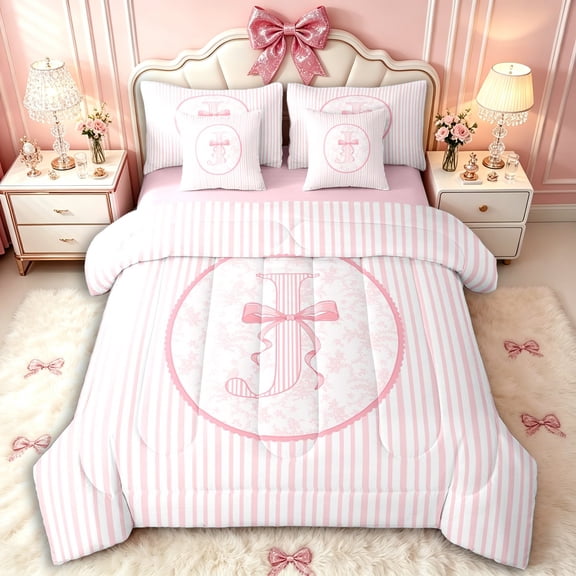Manfei Girls Cute Bow Stripes Letter I Monogrammed Twin Bedding Sets 7-Piece,Kids Teens Romantic Flowers Bow Tie Bedding Comforter Set,Pink Reversible,Super Cozy Room Decor