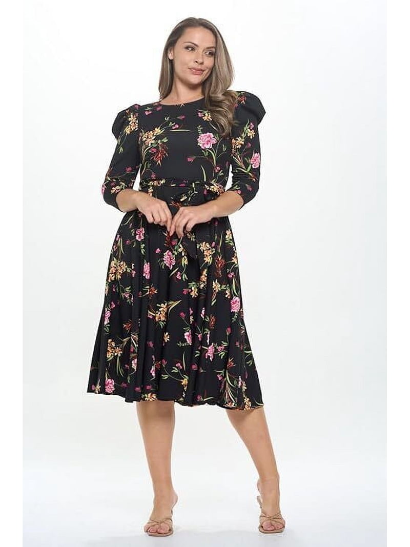 Women's Summer Swing Puff 3/4 Sleeve Midi Cocktail Pockets with Tie Waist for Party, Formal and Casual Dresses(Black Fuchsia 3X Plus Size) - Walmart.com Women's Summer Swing Puff 3/4 Sleeve Midi Cocktail Pockets with Tie Waist for Party, Formal and Casual Dresses(Black Fuchsia 3X Plus Size) - Walmart.com