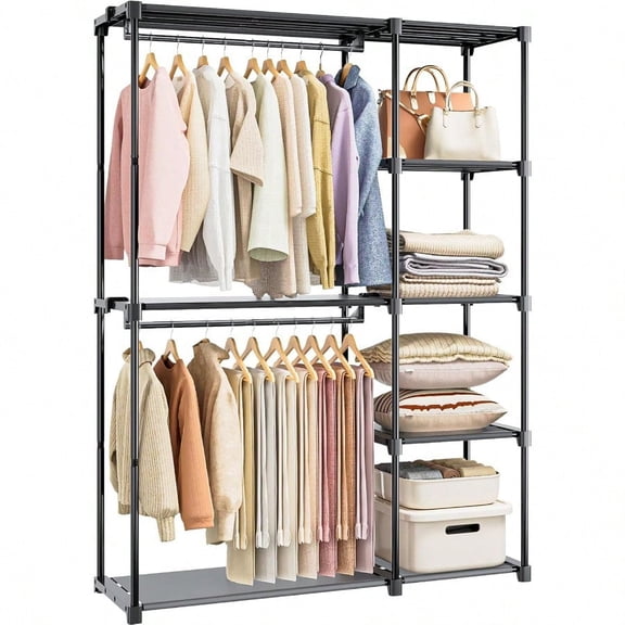 Portable Closet Freestanding Wardrobe Closet Organizers and Storage Open Clothing Racks for Hanging Clothes with 4 Shees and 2 Hanging Rods47.8x15.8x63.4 Inches