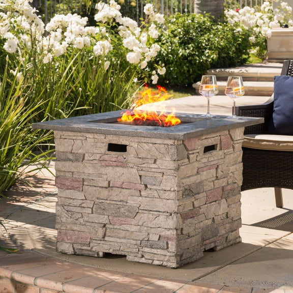 Stone Square Propane Fire Pit with Grey Top 40,000 BTU for Backyard Outdoor Gatherings Family Camping Nights Durable Lightweight Concrete Construction