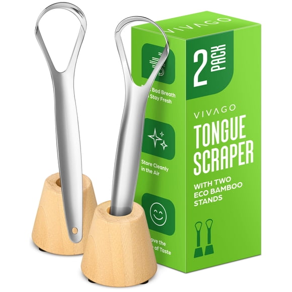 Raspador lingual VIVAGO para adultos con soporte, paquete de 2 unidades, acero inoxidable
