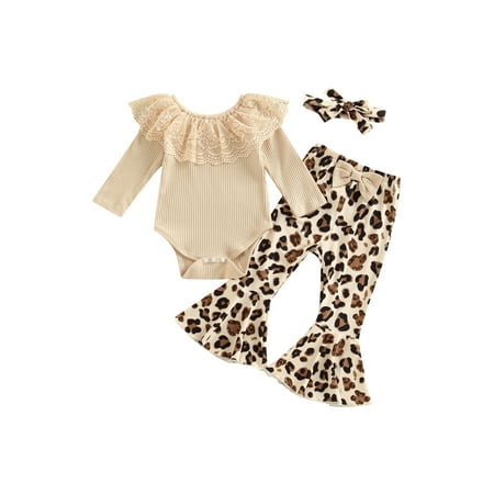 

Infant Baby Girl Clothes Set Lace Ruffle Collar Knitted Ribbed Long Sleeve Romper + Flare Pants + Headband Set