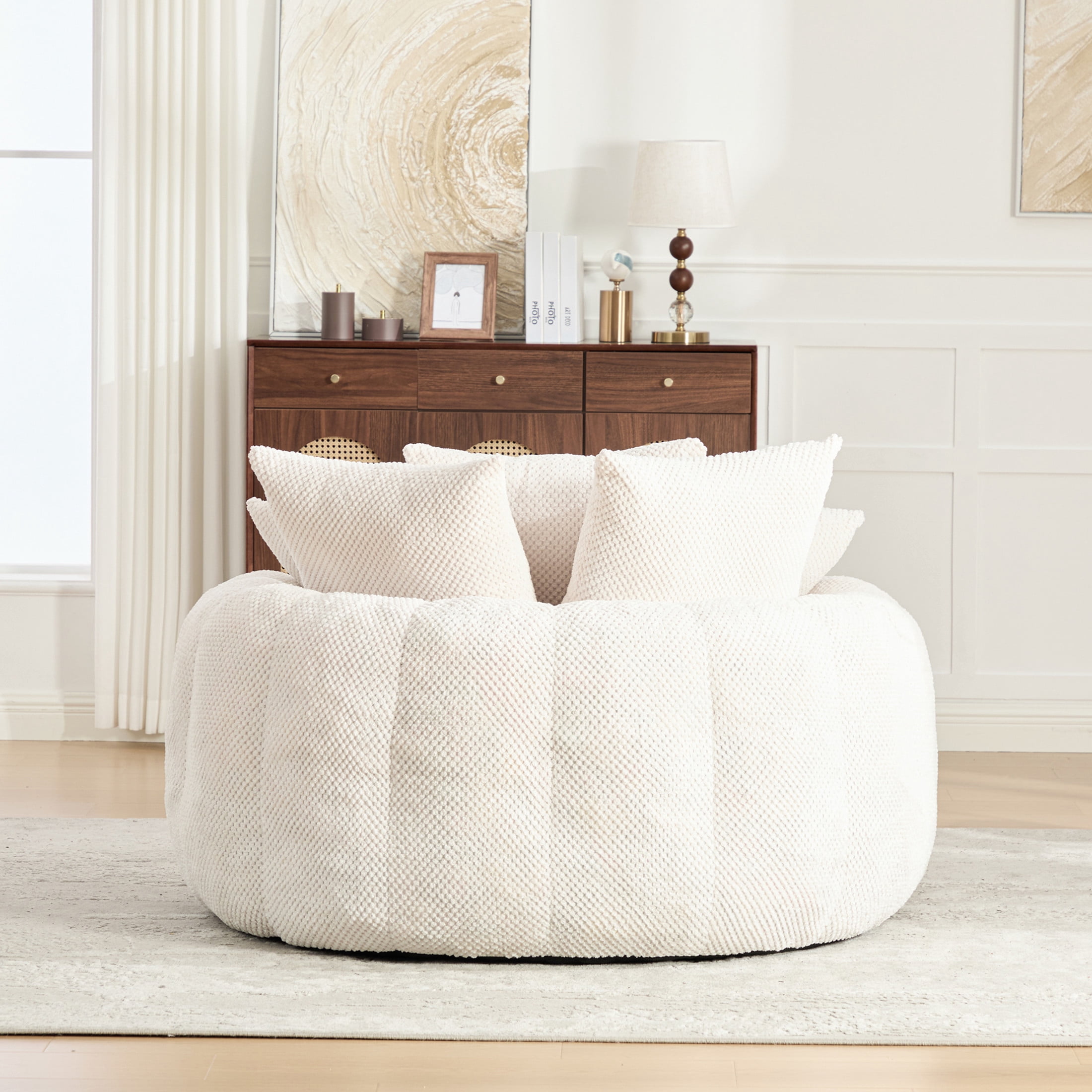 GDF Studio 53.15-Inch Oversized Pumpkin-Shaped Lounge Chair with Pineapple Lattice Fabric, Beige