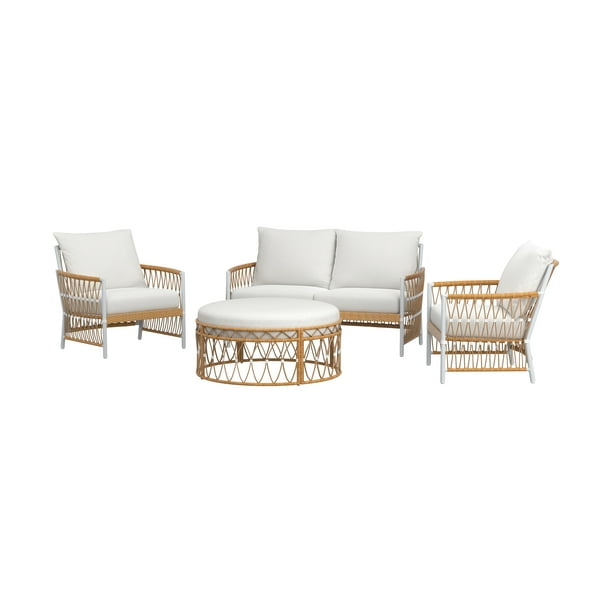 Better Homes & Gardens Lilah 4-Piece Outdoor Wicker Stationary Conversation Set, Off-White
