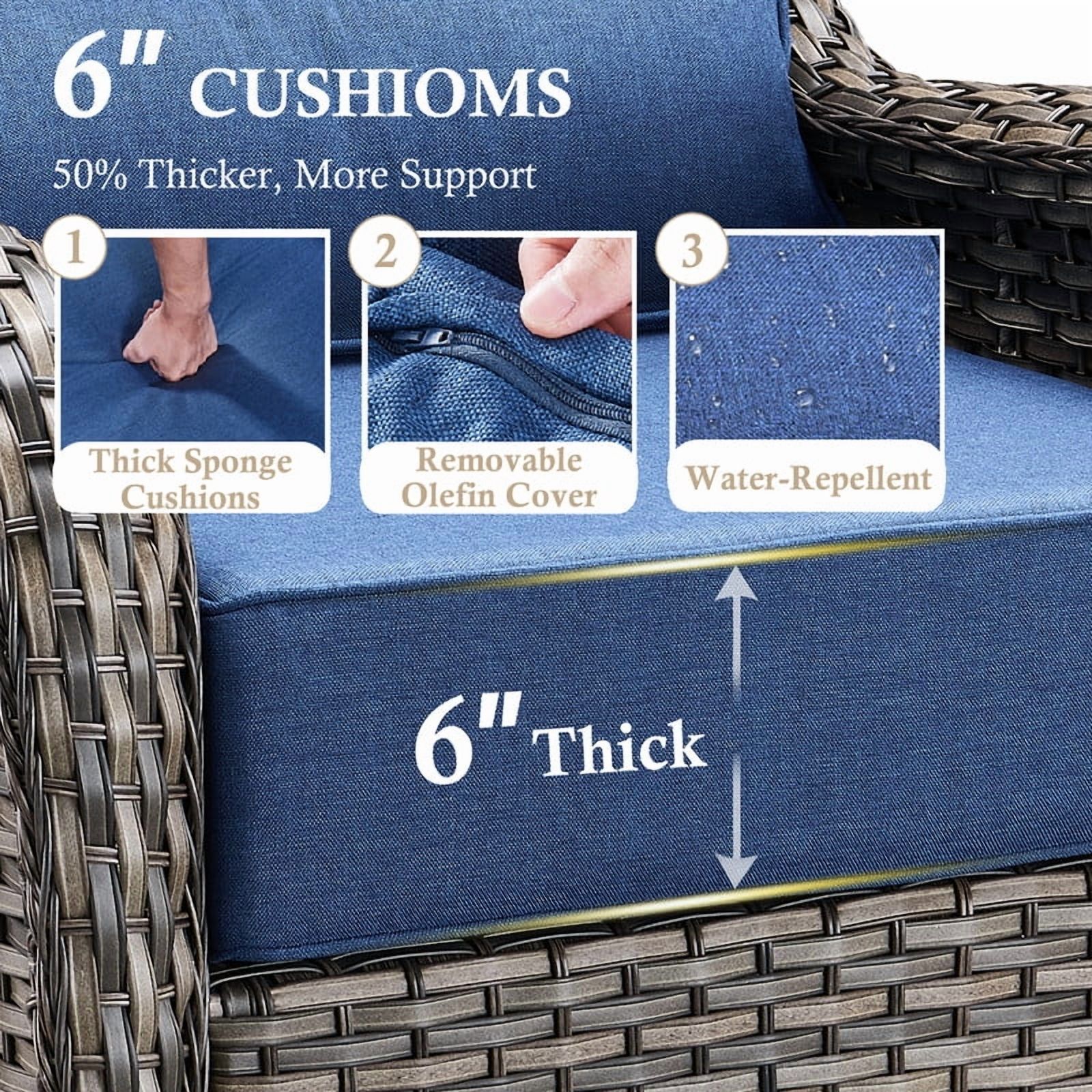 Outdoor Conversation Sets 5-Piece Patio Wicker Rattan Furniture Set with Swivel Rocking Chairs, Ottomans, Side Table and Upgrade 6" Cushions for Balcony Deck Backyard, Blue