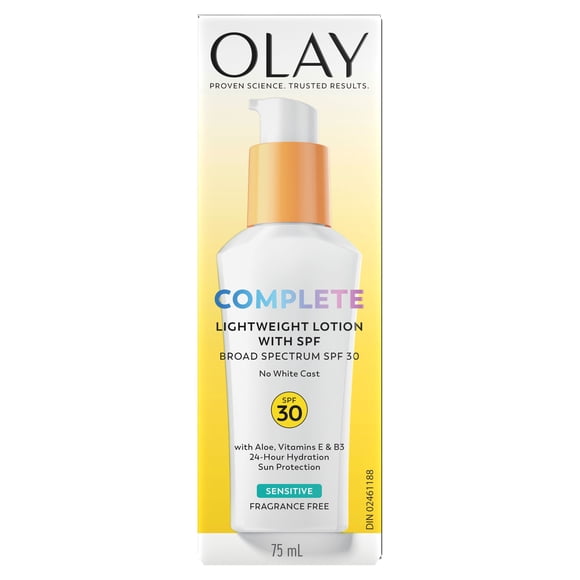 Olay Face Moisturizer, Complete with SPF 30, Fragrance-Free for Sensitive Skin, Broad Spectrum Sun Protection, Long-Lasting Hydration, Non-Comedogenic - Vitamin E & Aloe, 75 mL