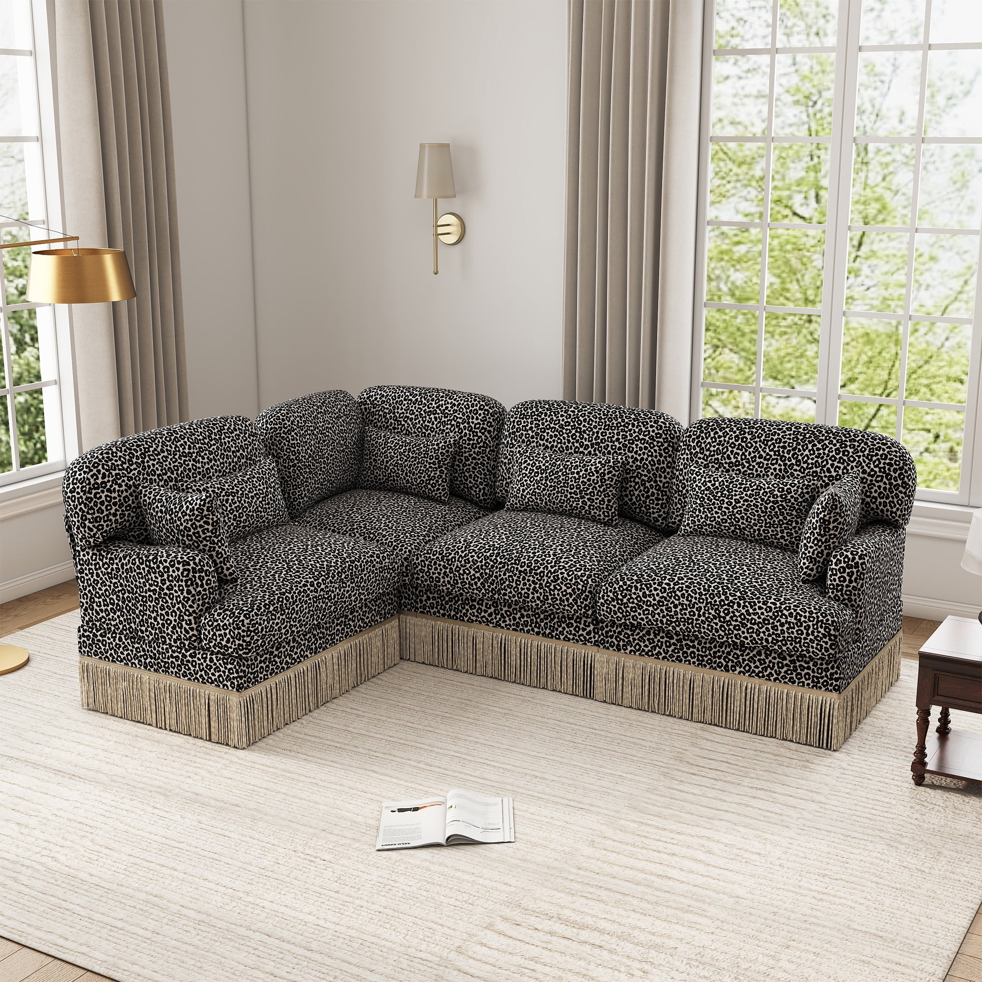 97" L Shaped Leopard Chenille 4 Seater Corner Sofa Couches with 2 Throw Pillows and 4 Lumbar Pillows