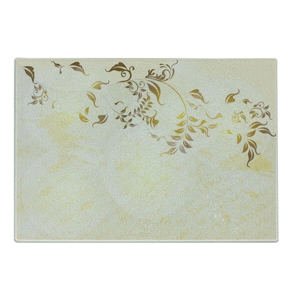 Beige Cutting Board, Antique Classic Backdrop with Curving Branch Nostalgic Vintage Silhouettes Art, Decorative Tempered Glass Cutting and Serving Board, Small Size, Yellow Beige, by Ambesonne