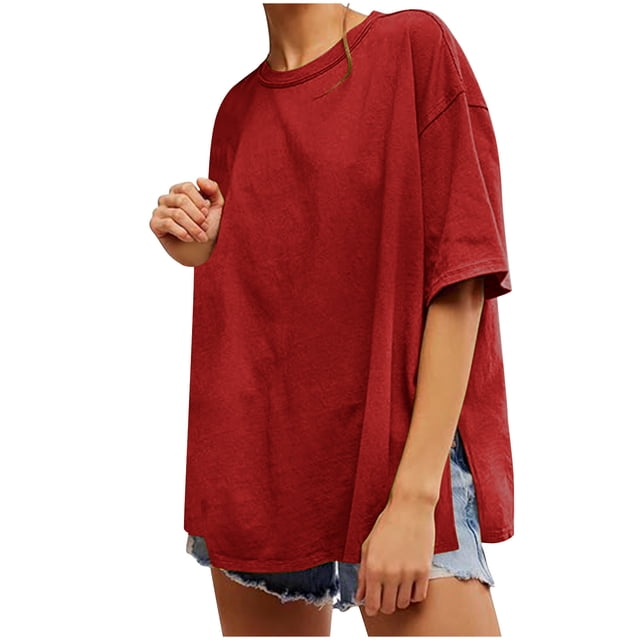 Olyvenn T-Shirts Surdimensionnés pour Femmes Été Décontracté Manches Courtes Col Rond T-Shirt Coupe Ample Fente Latérale Tee Hauts Rouge m
