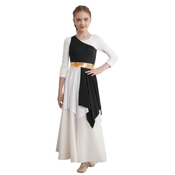 renvena Kids Girls Sleeveless Praise Lyrical Dance Dress One Shoulder Color Block Liturgical Worship Costume Size 6-16 Black 16