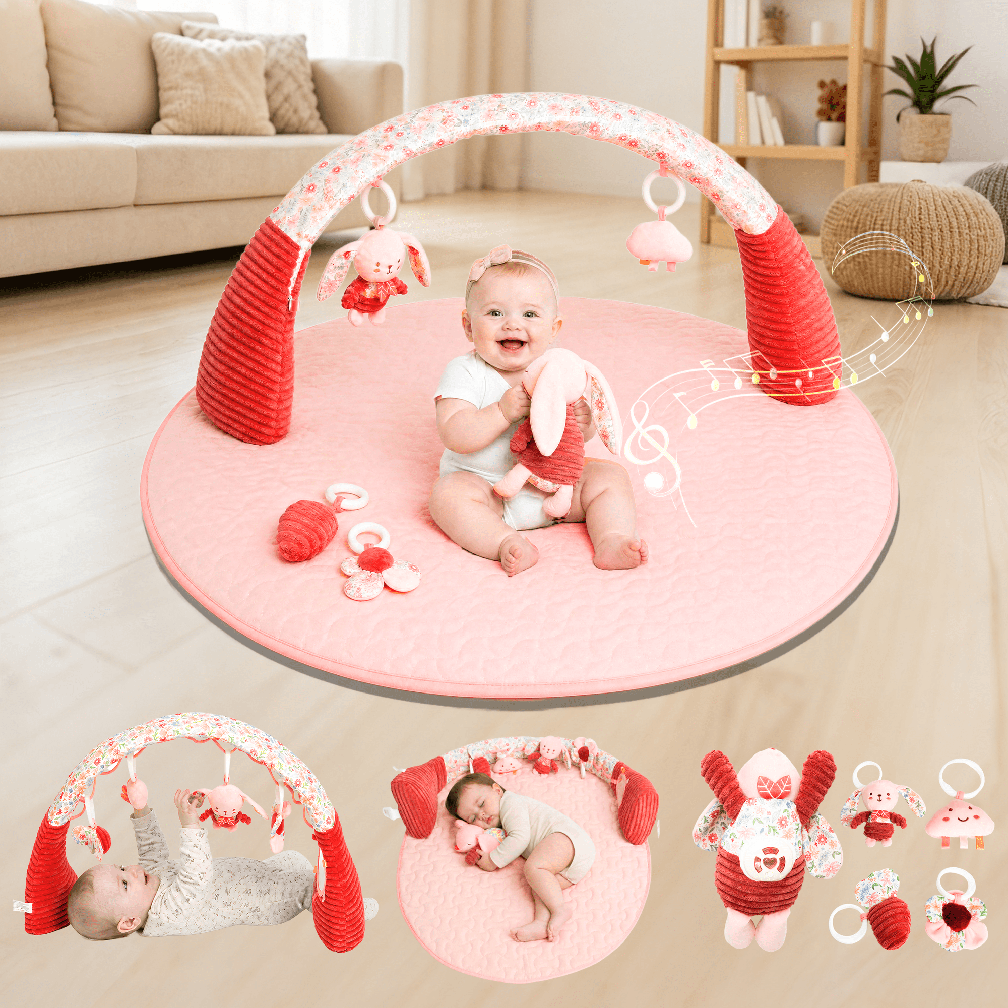 PRVAETU Baby Activity Gym Mat with Music Toys, Newborn's Gift,Tummy Time & Sensory Playmat for Infants,0–12 Months,Pink