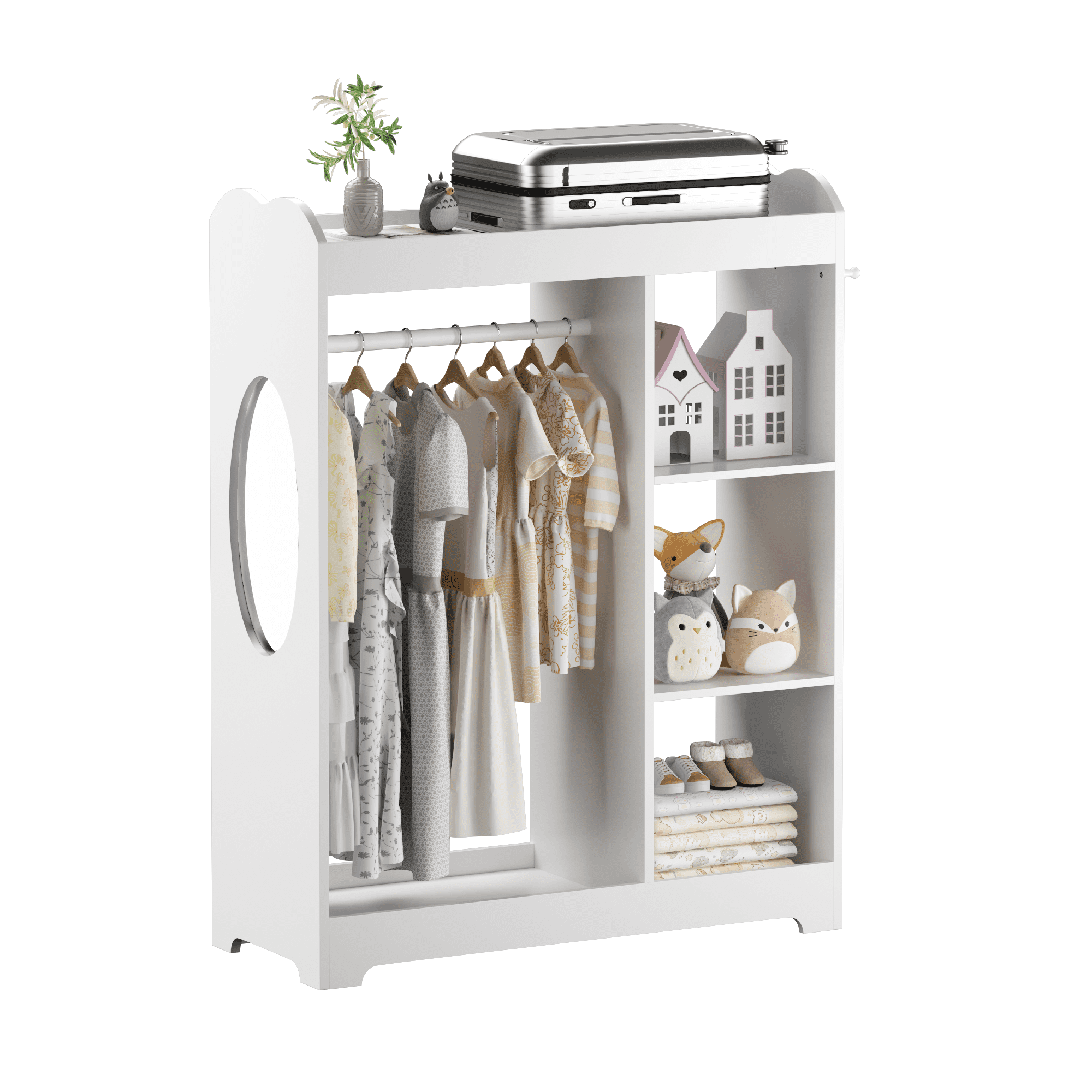 Yoneston Kids Wardrobe with Mirror and 3 Side Hooks & Storage Shelves, Toddler Costume Organizer for Bedroom, Playroom, Nursery, White